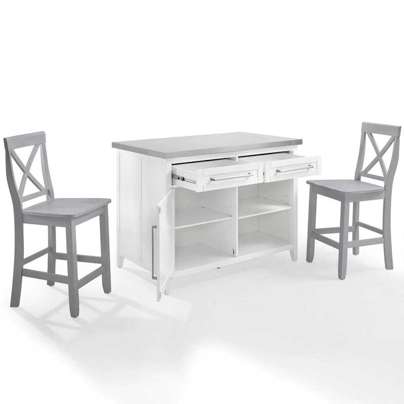 Crosley Silvia Stainless Steel Top Kitchen Island W/X-Back Stools - 57d x 46w x 41h