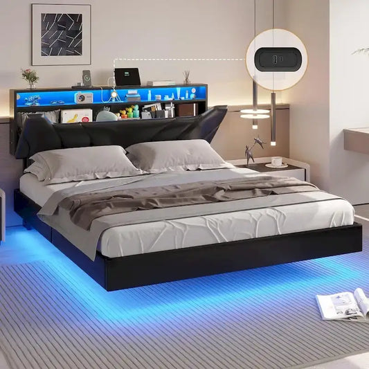 LED Floating Bed Frame Hidden Storage Headboard Type-C & USB