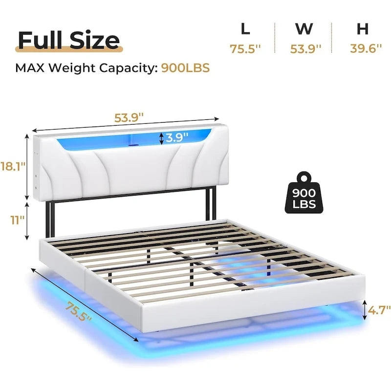 LED Floating Bed Frame Hidden Storage Headboard Type-C & USB