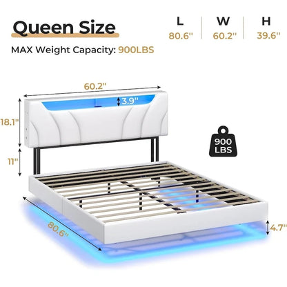 LED Floating Bed Frame Hidden Storage Headboard Type-C & USB