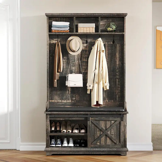 Moasis Hall Tree with Shoe Bench, Coat Rack Organizer for Entryway Hallway