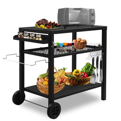 Outdoor Grill Cart Movable BBQ Trolley Food Prep Cart with Two Wheels & Hooks - N/A