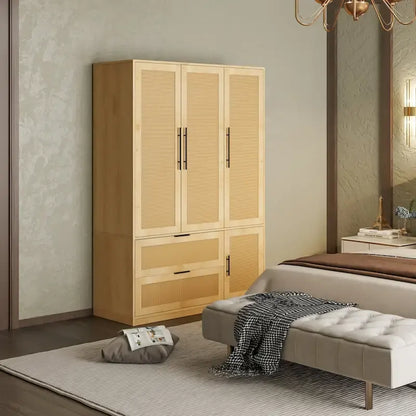 47 W Family 4-Door Wardrobe Armoires Closet 2 Drawer Storage Rattan Style - N/A