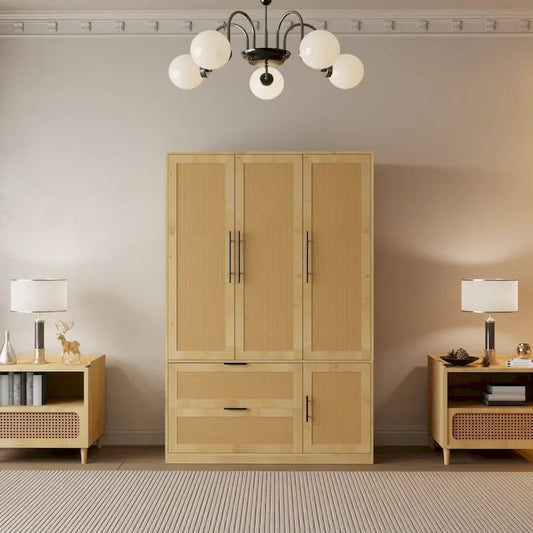 47 W Family 4-Door Wardrobe Armoires Closet 2 Drawer Storage Rattan Style - N/A