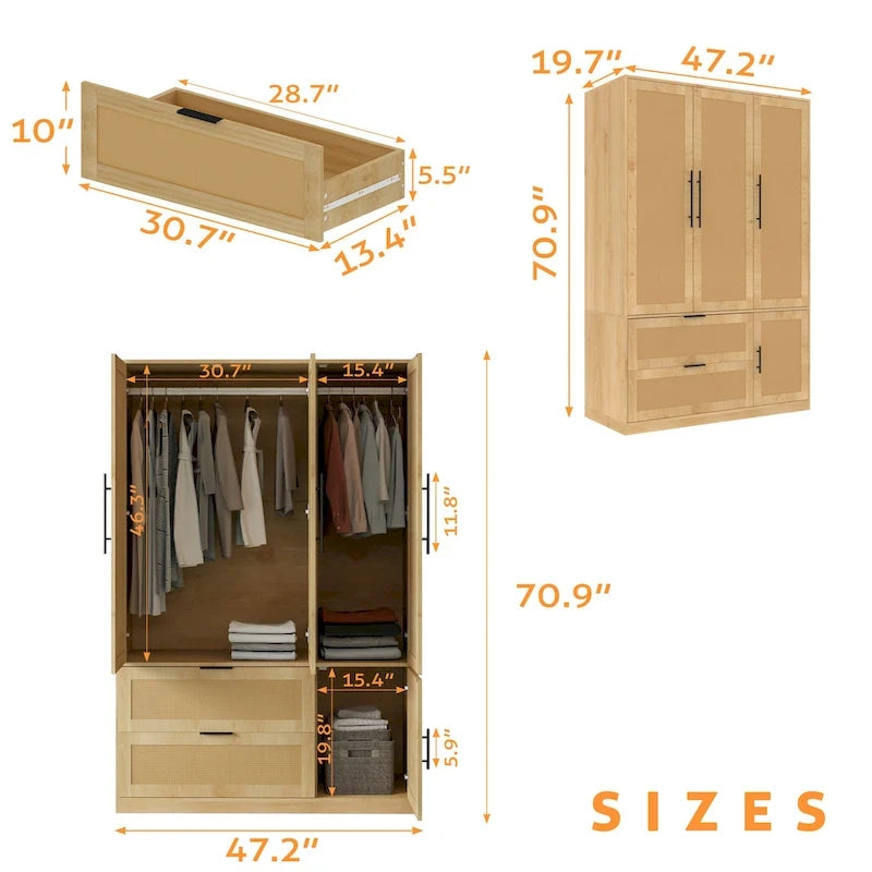 47 W Family 4-Door Wardrobe Armoires Closet 2 Drawer Storage Rattan Style - N/A