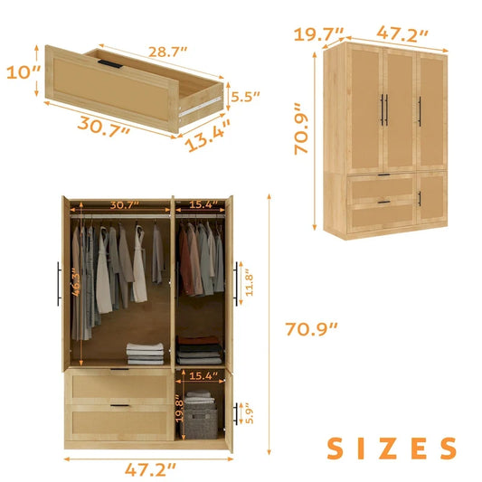47 W Family 4-Door Wardrobe Armoires Closet 2 Drawer Storage Rattan Style - N/A