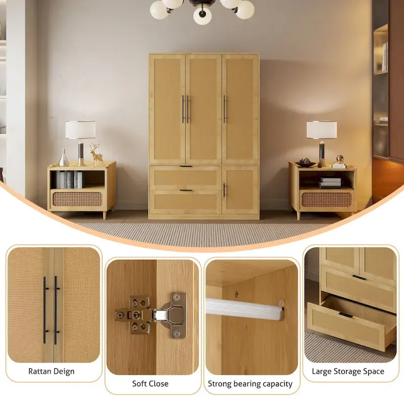 47 W Family 4-Door Wardrobe Armoires Closet 2 Drawer Storage Rattan Style - N/A