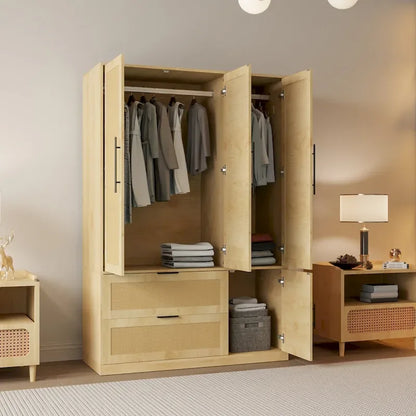47 W Family 4-Door Wardrobe Armoires Closet 2 Drawer Storage Rattan Style - N/A