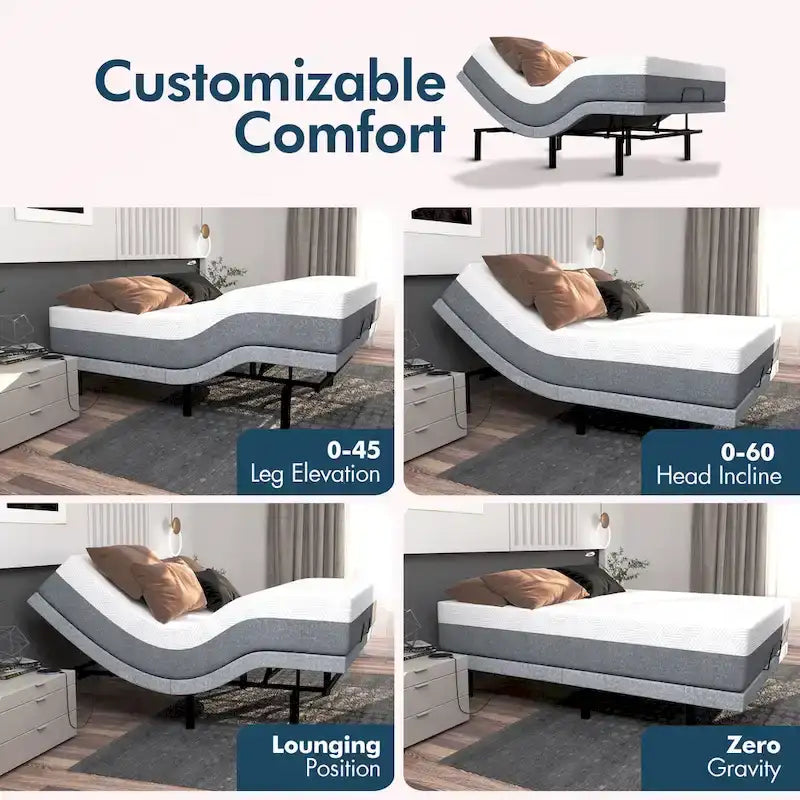 Renanim Adjustable Bed with 14  Mattress, Anti-Snore Preset, Dual Massage, USB Ports, App Control, Remote, Underbed Light