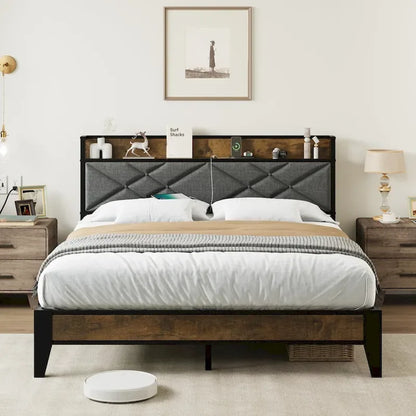 Upholstered Metal Platform Bed with Charging Station and Storage Shelf