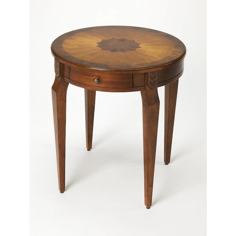 HomeRoots 24  Medium Brown And Olive Ash Manufactured Wood Round End Table With Drawer - 20