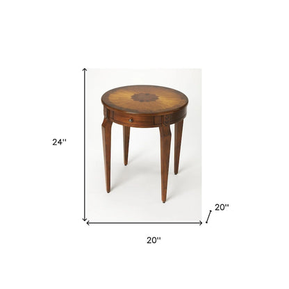 HomeRoots 24  Medium Brown And Olive Ash Manufactured Wood Round End Table With Drawer - 20