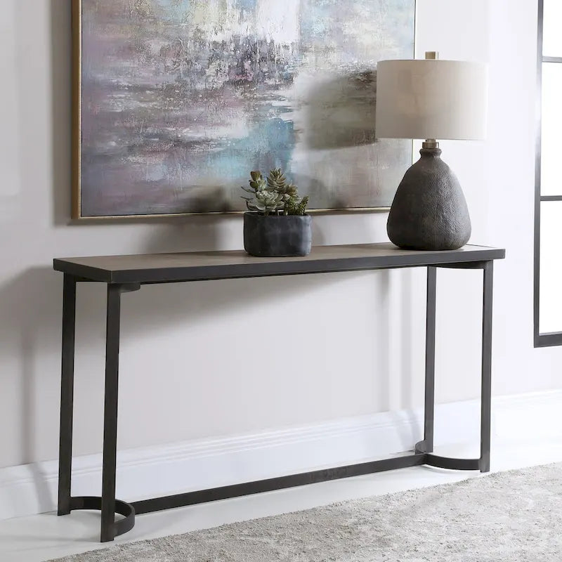 Uttermost Basuto 62  Long Oak Veneer Top Iron Lodge Style Console