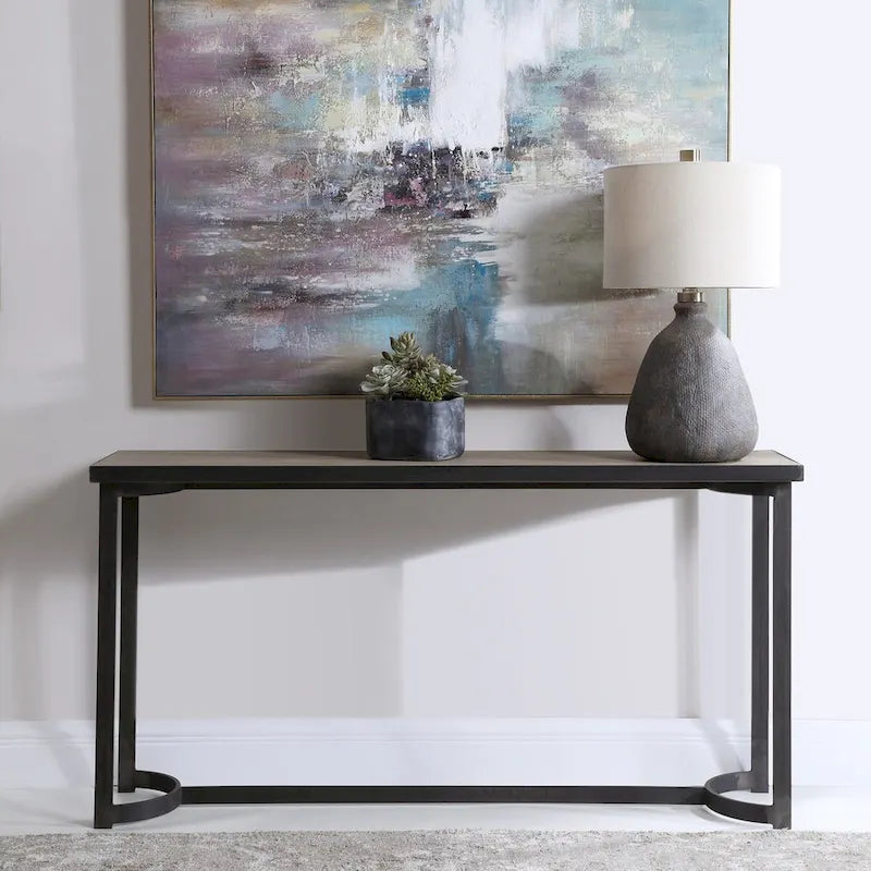 Uttermost Basuto 62  Long Oak Veneer Top Iron Lodge Style Console