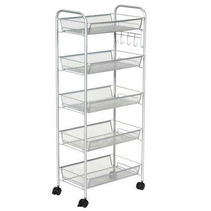 5 Tier Mesh Rolling File Utility Cart Storage Basket - 17 x 10 x 41 (L x W x H)
