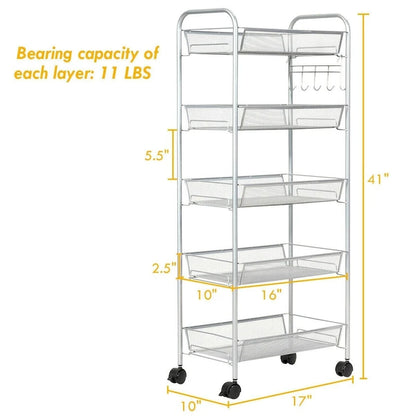 5 Tier Mesh Rolling File Utility Cart Storage Basket - 17 x 10 x 41 (L x W x H)