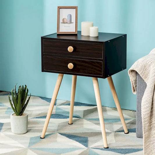 Costway 2 PCS Mid Century Modern 2 Drawers Nightstand Sofa Side Table - See Details