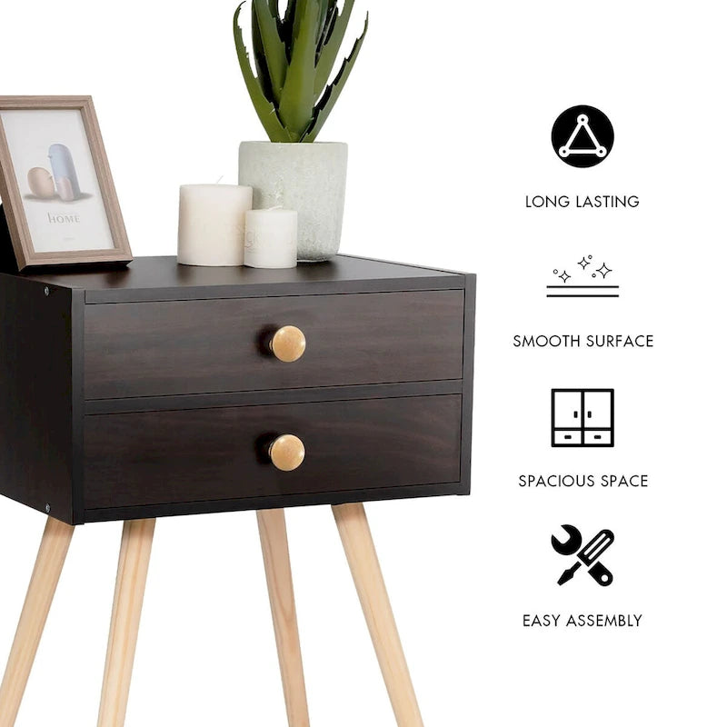 Costway 2 PCS Mid Century Modern 2 Drawers Nightstand Sofa Side Table - See Details
