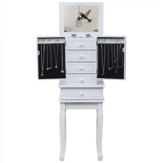 Standing Jewelry Armoire with Mirror, 5 Drawers & 14 Necklace Hooks, Jewelry Cabinet Chest with Removable Ring Storage Slot and