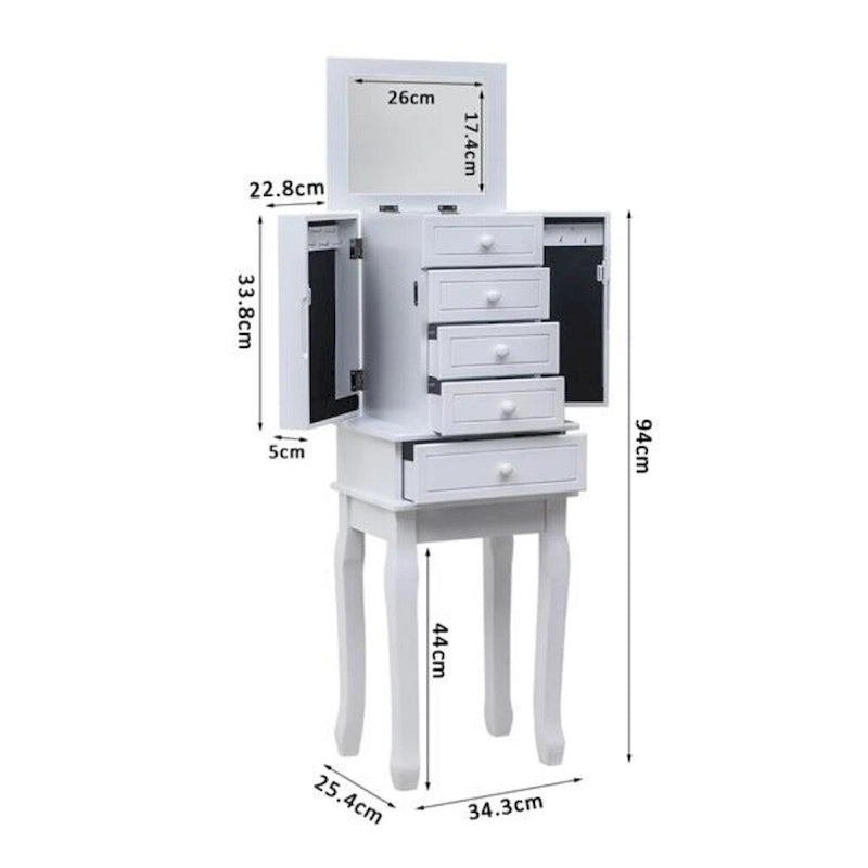 Standing Jewelry Armoire with Mirror, 5 Drawers & 14 Necklace Hooks, Jewelry Cabinet Chest with Removable Ring Storage Slot and