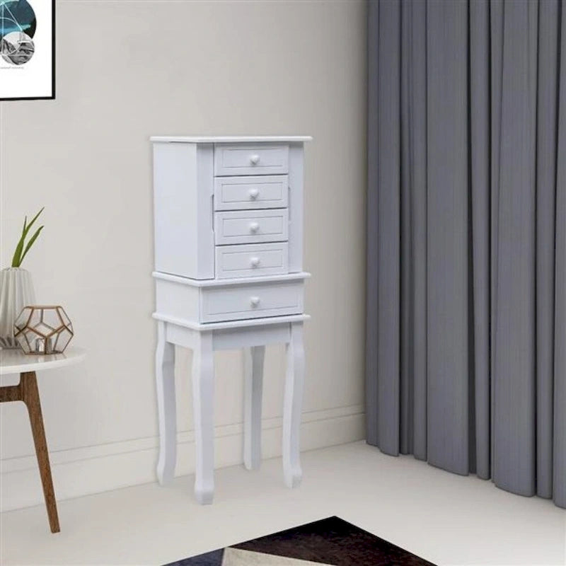 Standing Jewelry Armoire with Mirror, 5 Drawers & 14 Necklace Hooks, Jewelry Cabinet Chest with Removable Ring Storage Slot and