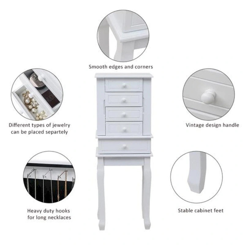 Standing Jewelry Armoire with Mirror, 5 Drawers & 14 Necklace Hooks, Jewelry Cabinet Chest with Removable Ring Storage Slot and