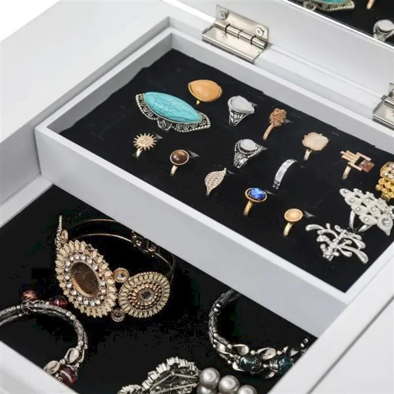 Standing Jewelry Armoire with Mirror, 5 Drawers & 14 Necklace Hooks, Jewelry Cabinet Chest with Removable Ring Storage Slot and