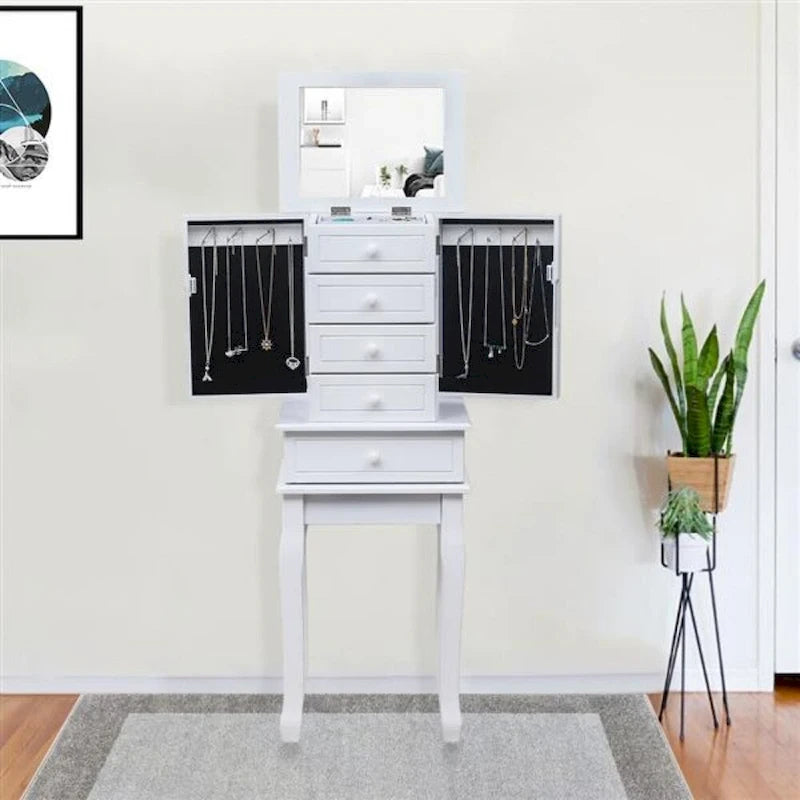 Standing Jewelry Armoire with Mirror, 5 Drawers & 14 Necklace Hooks, Jewelry Cabinet Chest with Removable Ring Storage Slot and