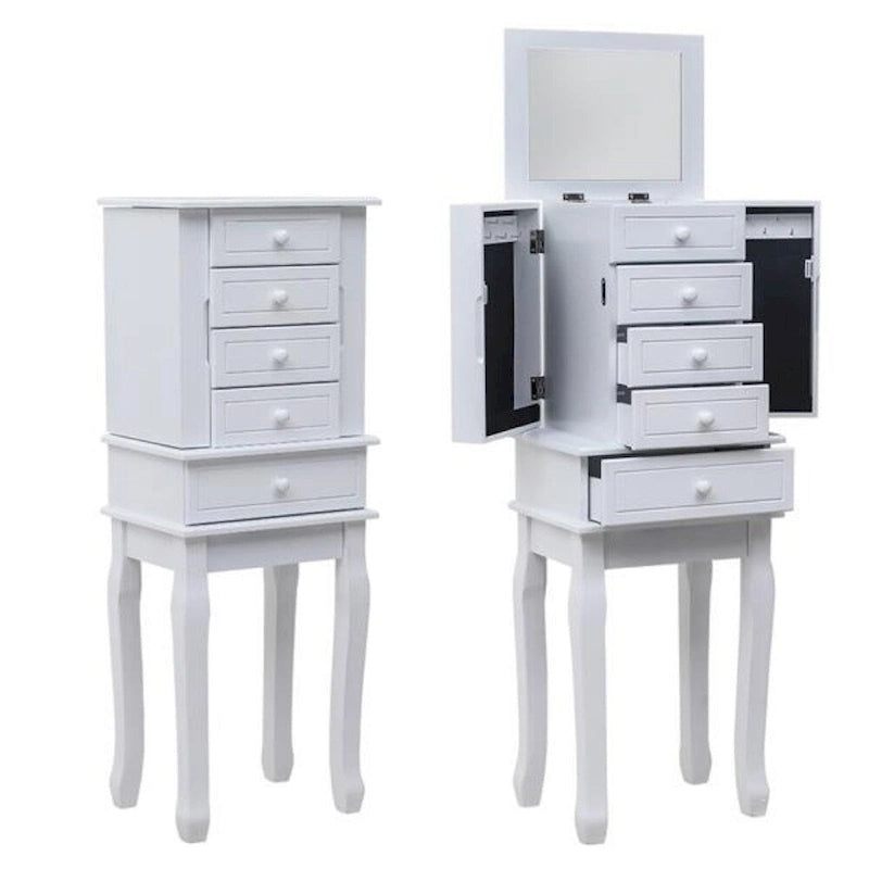 Standing Jewelry Armoire with Mirror, 5 Drawers & 14 Necklace Hooks, Jewelry Cabinet Chest with Removable Ring Storage Slot and