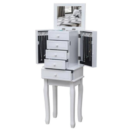 Standing Jewelry Armoire with Mirror, 5 Drawers & 14 Necklace Hooks, Jewelry Cabinet Chest with Removable Ring Storage Slot and