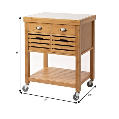 36 Inch Bamboo Kitchen Cart Island, 2 Drawers, Stainless Steel Top, Brown - 22 L x 29 W x 36 H Inches