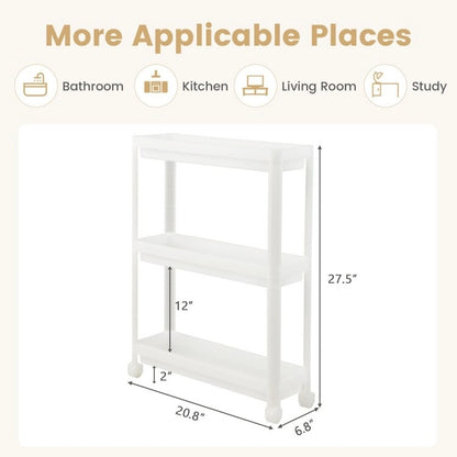 2 Pieces 3-Tier Slim Detachable Storage Cart with Drainage Holes and Wheels-White - 20.8 x 6.8 x 27.5