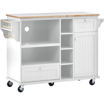 Kitchen Island Cart with Wood Top and Open Storage Microwave Oven Cabinet