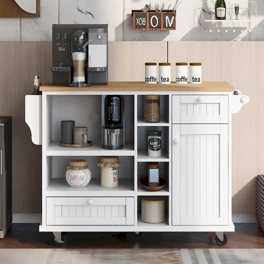 Kitchen Island Cart with Wood Top and Open Storage Microwave Oven Cabinet
