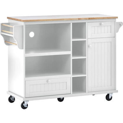Kitchen Island Cart with Wood Top and Open Storage Microwave Oven Cabinet