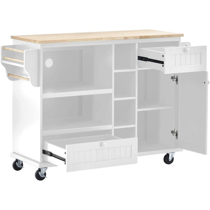 Kitchen Island Cart with Wood Top and Open Storage Microwave Oven Cabinet