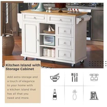 Rubber Wood Desktop Kitchen Cart Featuring Five Drawers, Concealed Cabinet, Adjustable Shelves and Smooth Rolling Wheels