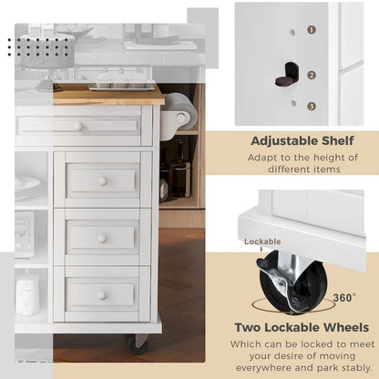 Rubber Wood Desktop Kitchen Cart Featuring Five Drawers, Concealed Cabinet, Adjustable Shelves and Smooth Rolling Wheels