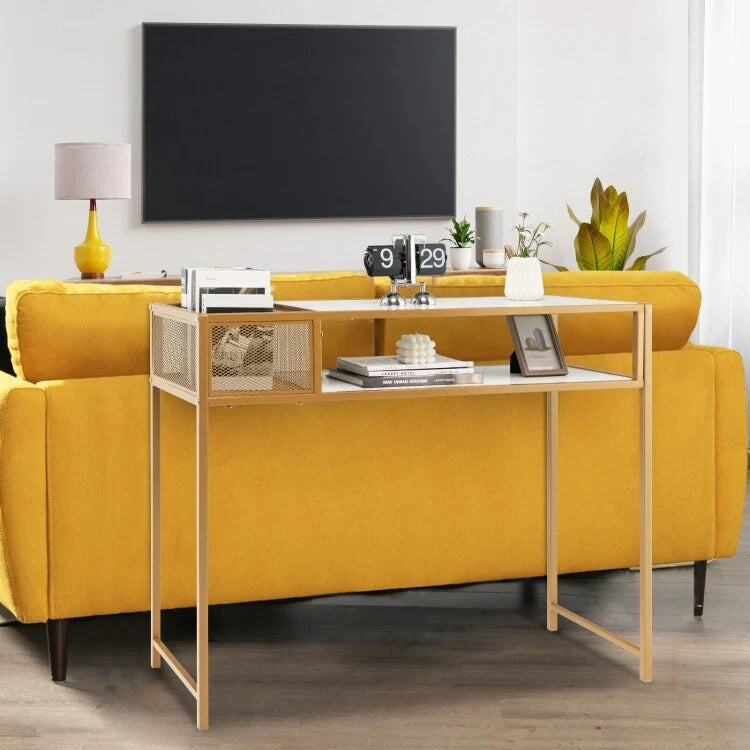 Faux Marble Console Table with Wire Baske for Entryway - 47.5  x 12  x 35.5  (L x W x H)