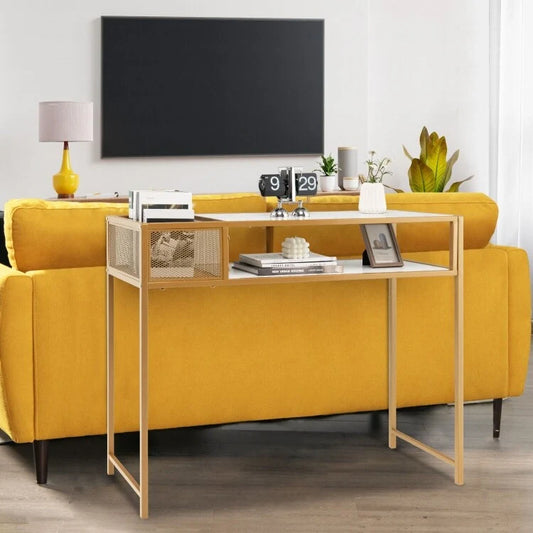 Faux Marble Console Table with Wire Baske for Entryway - 47.5  x 12  x 35.5  (L x W x H)