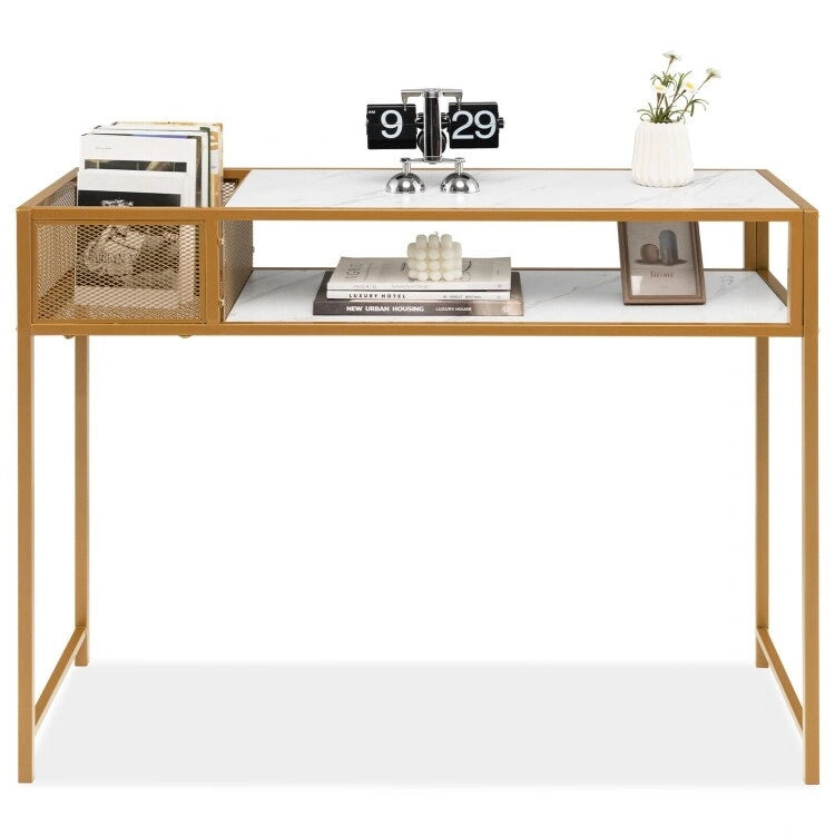 Faux Marble Console Table with Wire Baske for Entryway - 47.5  x 12  x 35.5  (L x W x H)