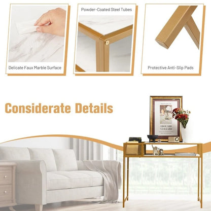 Faux Marble Console Table with Wire Baske for Entryway - 47.5  x 12  x 35.5  (L x W x H)