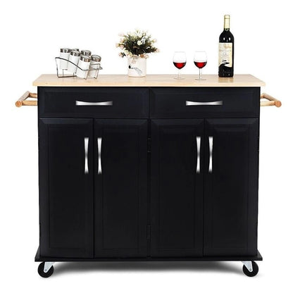 Black Kitchen Island Storage Cabinet Cart with Wood Top and Wheels - 48.5 x 18.5 x 36.5 (L x W x H)