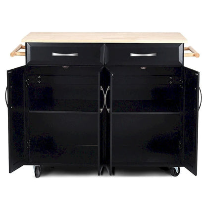 Black Kitchen Island Storage Cabinet Cart with Wood Top and Wheels - 48.5 x 18.5 x 36.5 (L x W x H)