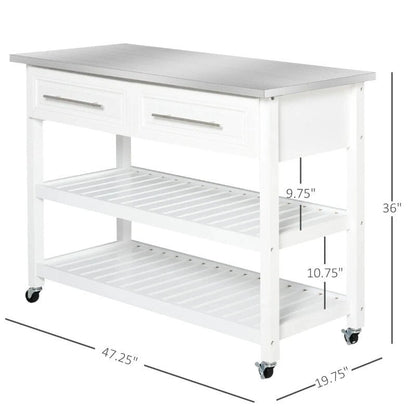 White Rolling Kitchen Island 2 Drawers Storage with Stainless Steel Top - 47.25L x 19.75W x 36 H