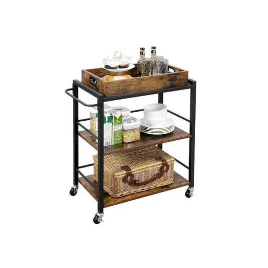 Rustic Brown Black Industrial Bar Cart with Removable Tray 3-Tier Storage and Lockable Wheels