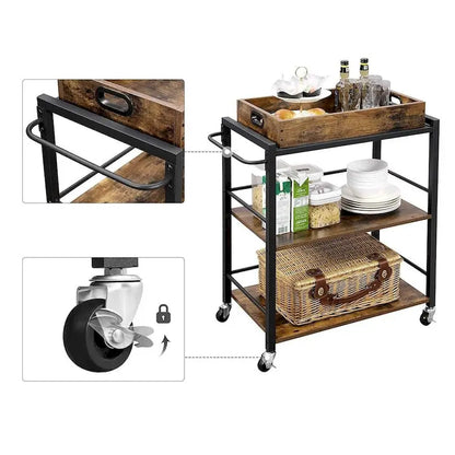 Rustic Brown Black Industrial Bar Cart with Removable Tray 3-Tier Storage and Lockable Wheels