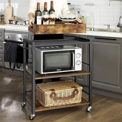 Rustic Brown Black Industrial Bar Cart with Removable Tray 3-Tier Storage and Lockable Wheels