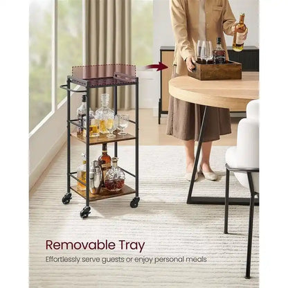 Rustic Brown Black Industrial Bar Cart with Removable Tray 3-Tier Storage and Lockable Wheels