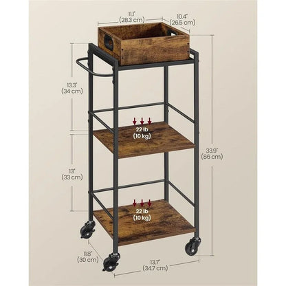 Rustic Brown Black Industrial Bar Cart with Removable Tray 3-Tier Storage and Lockable Wheels
